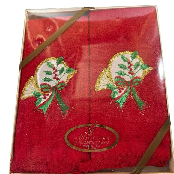 Vintage‎ Abouchar Red Christmas Embroidered Holly Fingertip Towels Set of 2 - Picture 1 of 9